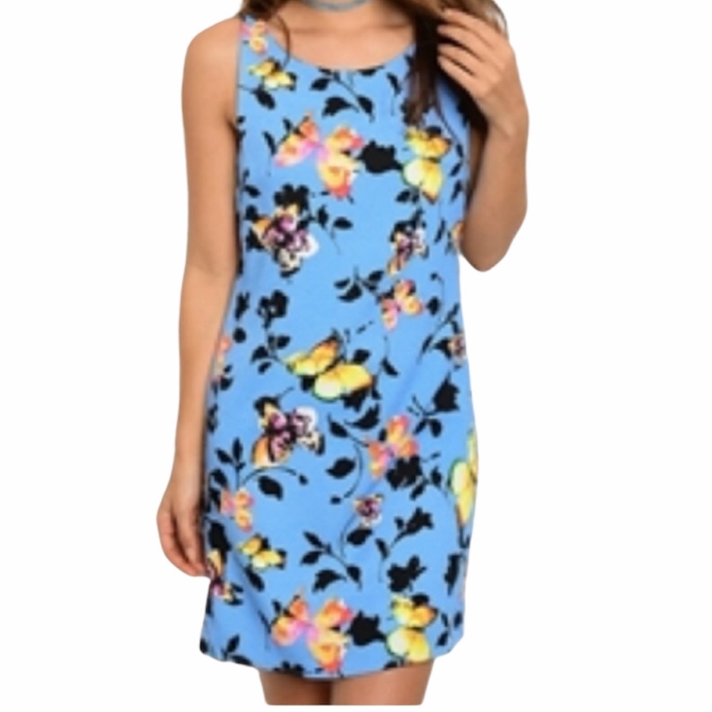 Blue Multicolored Flower Butterfly Floral Print Sleeveless Dress